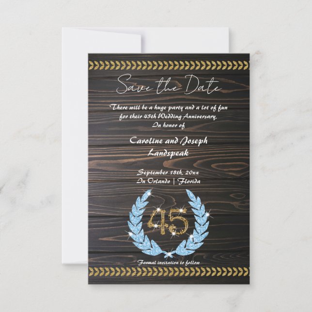 Invitation Chic 45e anniversaire Bois et or Enregistrer la da (Devant)