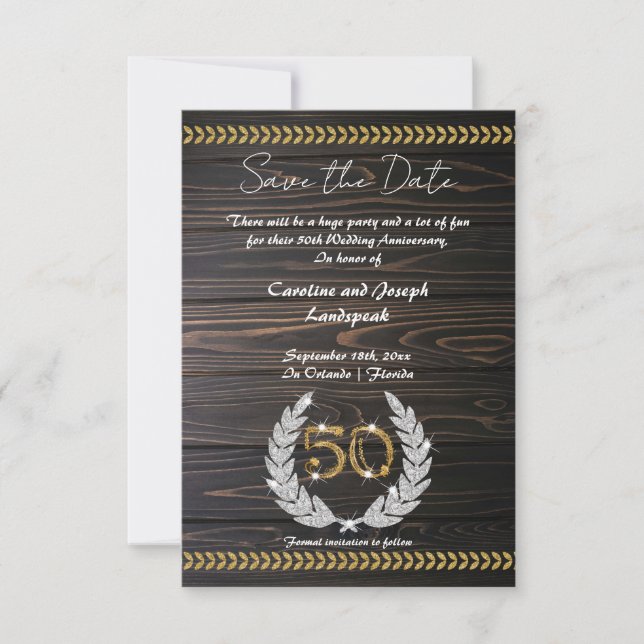 Invitation Chic 50e anniversaire Bois & Or Enregistrer la dat (Devant)