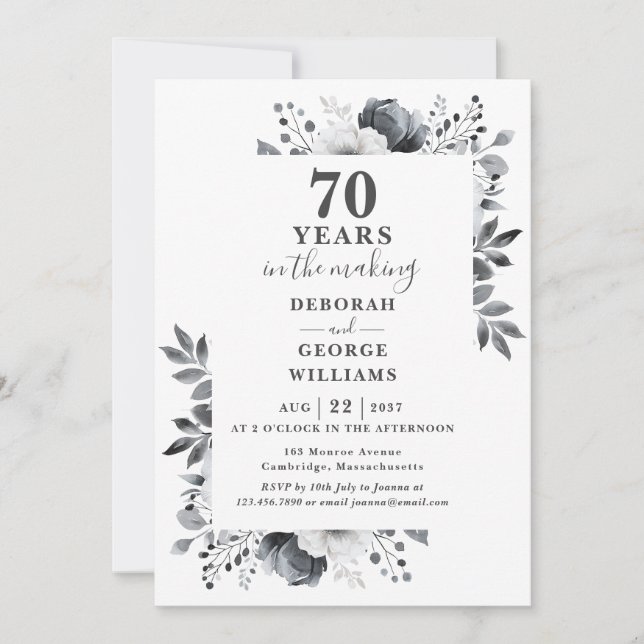 Invitation Chic 70e anniversaire de Mariage Monogramme Floral (Devant)