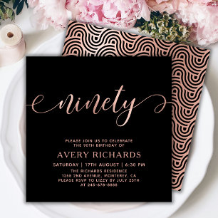 Invitation Chic 90th Rose Gold Script Black 90th Birthday