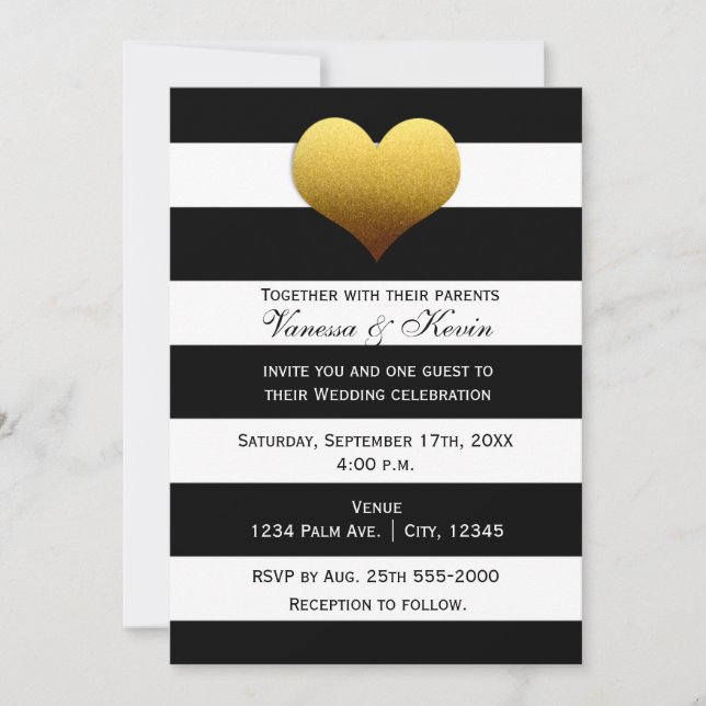 Invitation chic à rayures noires et blanches avec  (Devant)