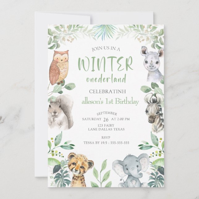 Invitation Chic Animaux d'hiver Onederland 1er anniversaire (Devant)
