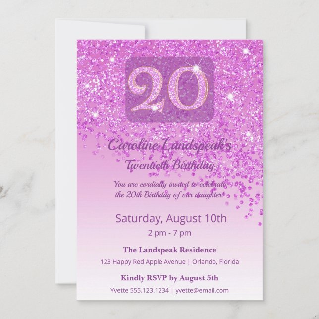 Invitation Chic Anniversaire 20 ans Paillettes Roses (Devant)