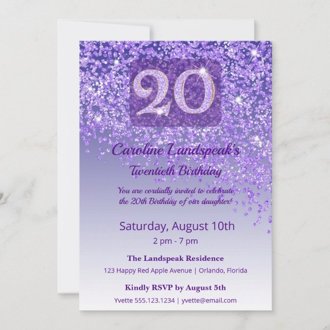 Invitation Chic Anniversaire 20 Ans Paillettes Violettes (Devant)