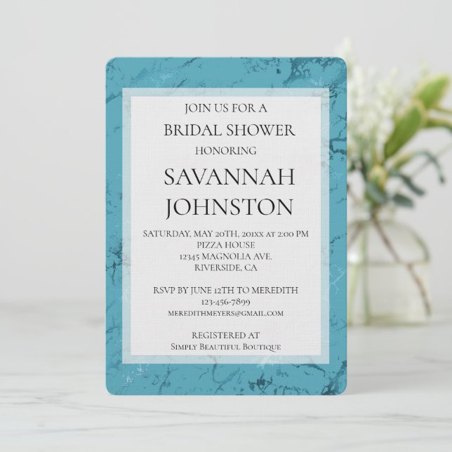 Invitation Chic Aqua Blue Marble Fête de mariage (Debout devant)