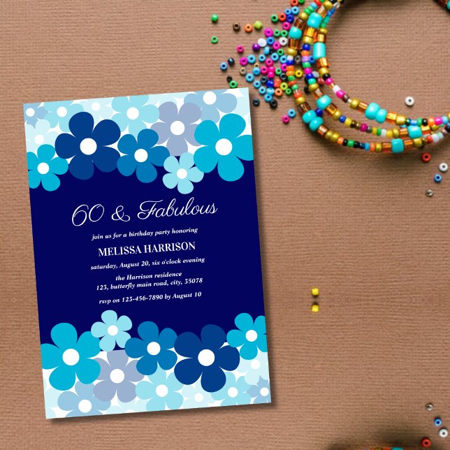Invitation Chic Aqua Navy Blue Flower 60 Fabuleux anniversair (Créateur téléchargé)