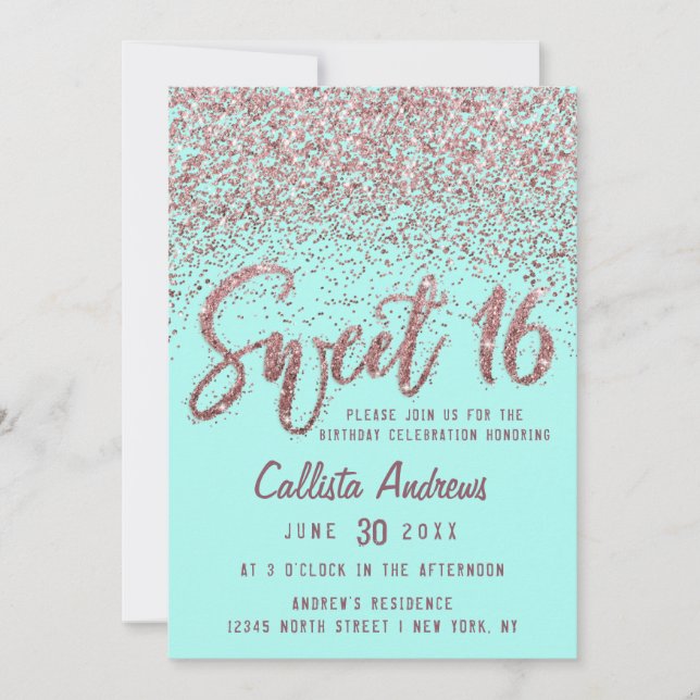 Invitation Chic Aqua Rose Or Parsemé Parties scintillant douc (Devant)