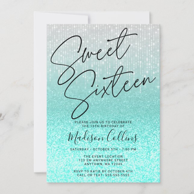 Invitation Chic Aqua Silver Parties scintillant Sweet 16 (Devant)