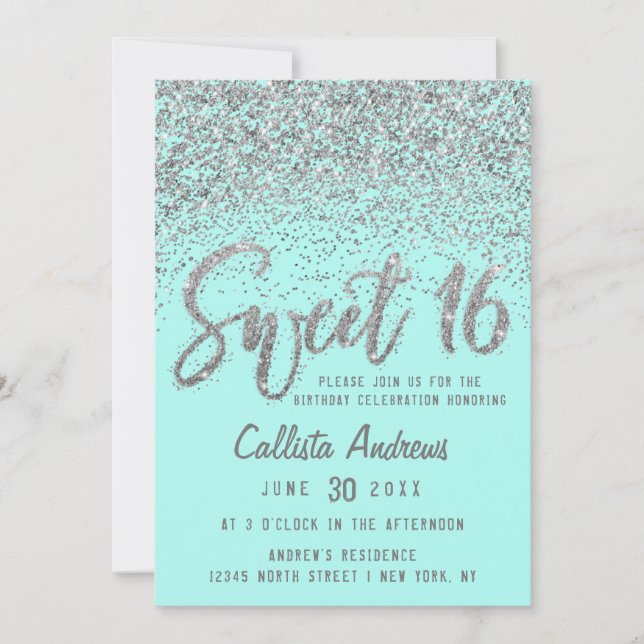 Invitation Chic Aqua Turquoise Argent Parsemé Parties scintil (Devant)