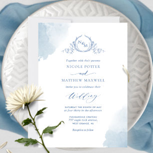 Invitation Chic, Aquarelle Bleue, Mariage Monogramme