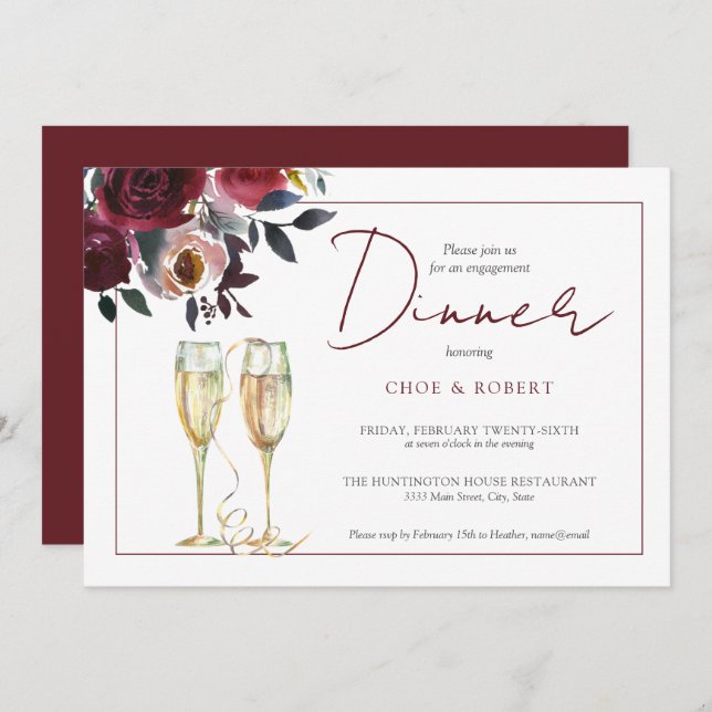 Invitation Chic Aquarelle Bourgogne Floral Dîner Fiançailles (Devant / Derrière)