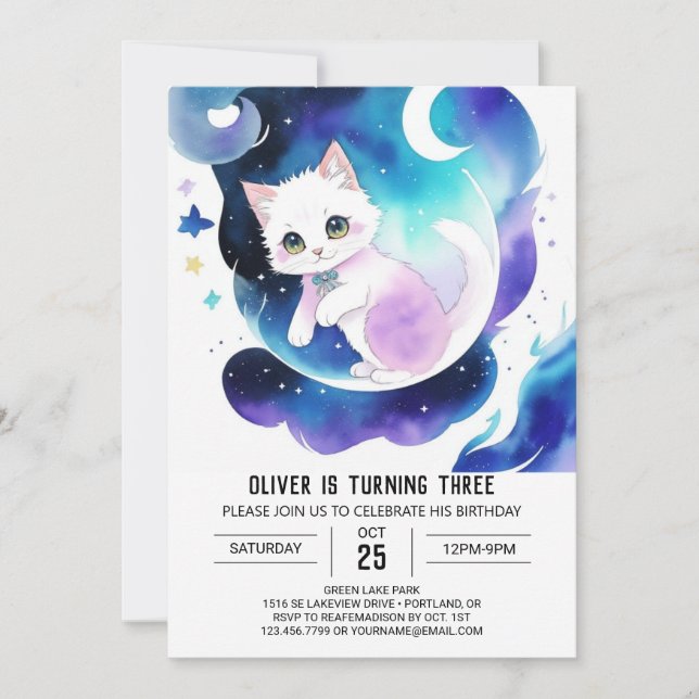 Invitation Chic Aquarelle Chat Anniversaire (Devant)