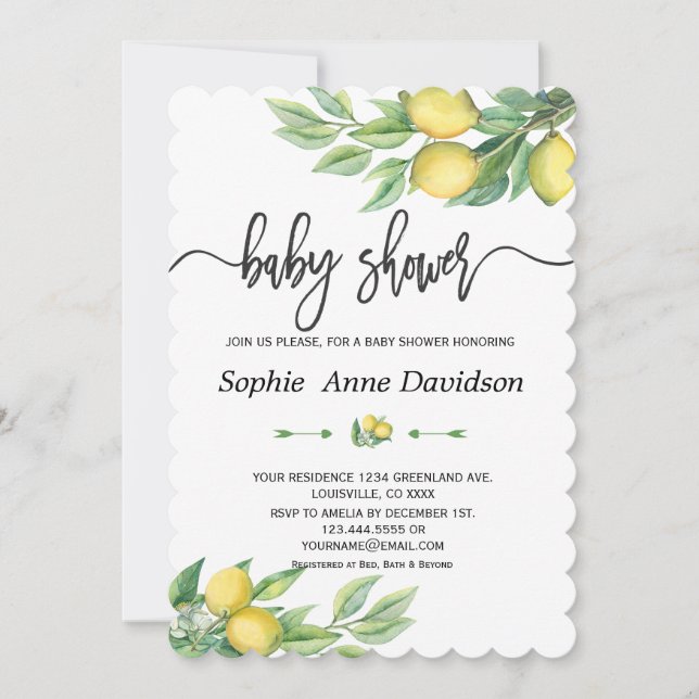 Invitation Chic Aquarelle Citron BABY SHOWER tropical (Devant)