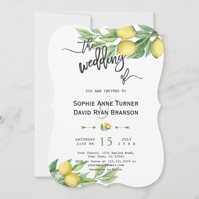 Invitation Chic Aquarelle Citron Tropical Mariage d'écriture  (Devant)