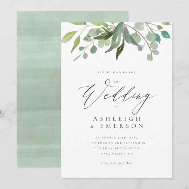 Invitation Chic Aquarelle Eucalyptus Mariage d'été (Devant / Derrière)