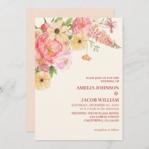 Invitation Chic Aquarelle fleurie beurre pêche jaune Mariage