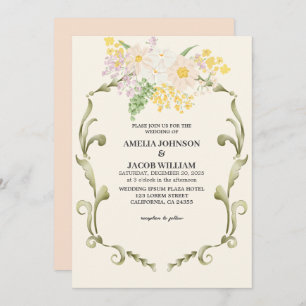 Invitation Chic Aquarelle fleurie beurre pêche jaune Mariage