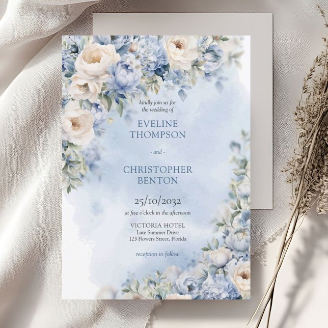 Invitation Chic aquarelle fleurs d'hiver mariage (Elegant light Blue and white Flowers greenery eucalyptus wedding invitation digital)