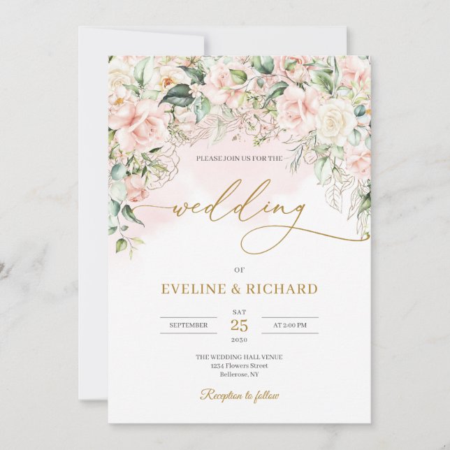 Invitation Chic aquarelle fleurs rousses eucalyptus or (Devant)