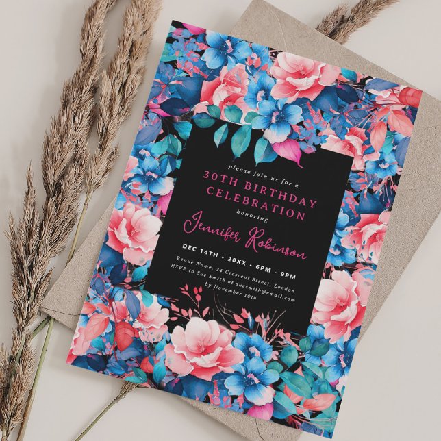 Invitation Chic Aquarelle Floral 30e Anniversaire Noir (Chic Watercolor Floral 30th Birthday Black Invitation)