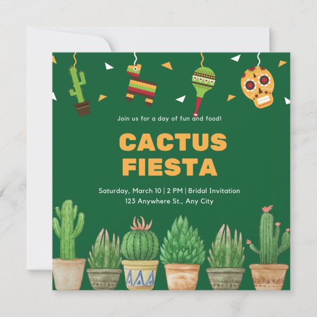 Invitation Chic aquarelle Floral Cactus Fiesta Fête des marié (Devant)