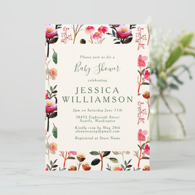 Invitation Chic Aquarelle Floral rose et Baby shower vert (Debout devant)