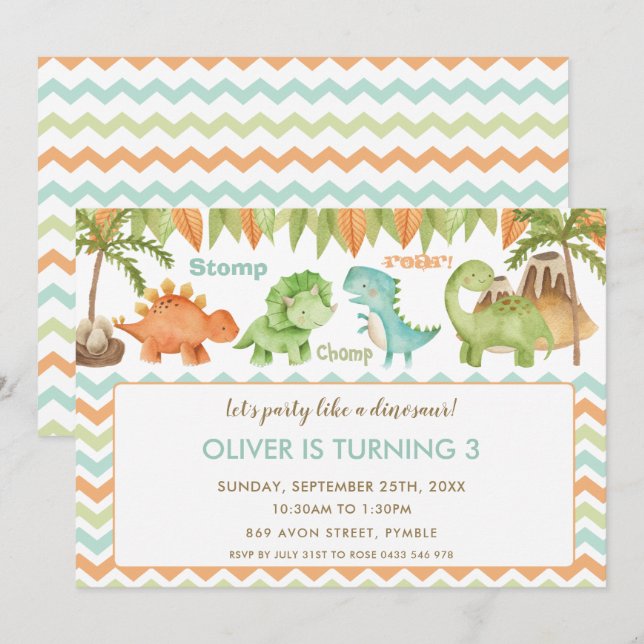 Invitation Chic Aquarelle mignonne Dinosaur Garçon Fille Anni (Devant / Derrière)