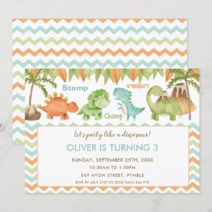 Invitation Chic Aquarelle mignonne Dinosaur Garçon Fille Anni