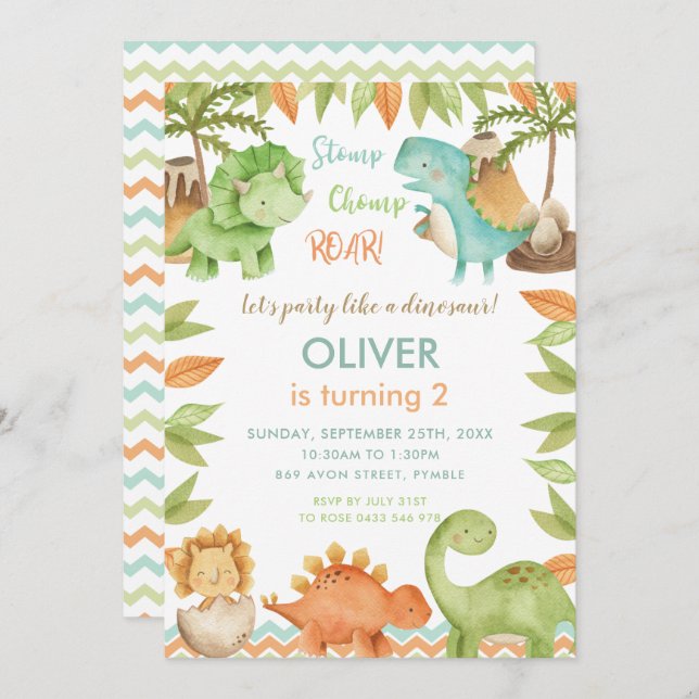 Invitation Chic Aquarelle mignonne Dinosaur Garçon Fille Anni (Devant / Derrière)