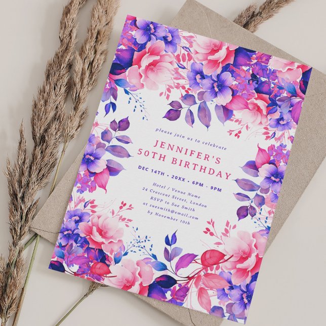 Invitation Chic Aquarelle Purple Floral 50e anniversaire (Chic Watercolor Purple Floral 50th Birthday Invitation)