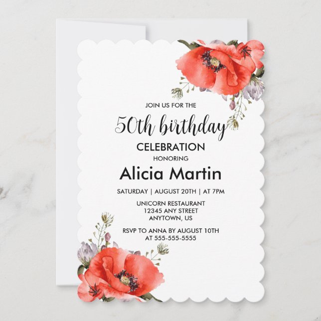 Invitation Chic Aquarelle Rouge Pavot vert 50e anniversaire (Devant)