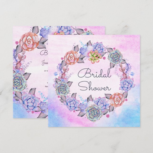 Invitation Chic Aquarelle Succulents Fête des mariées de cour (Devant / Derrière)