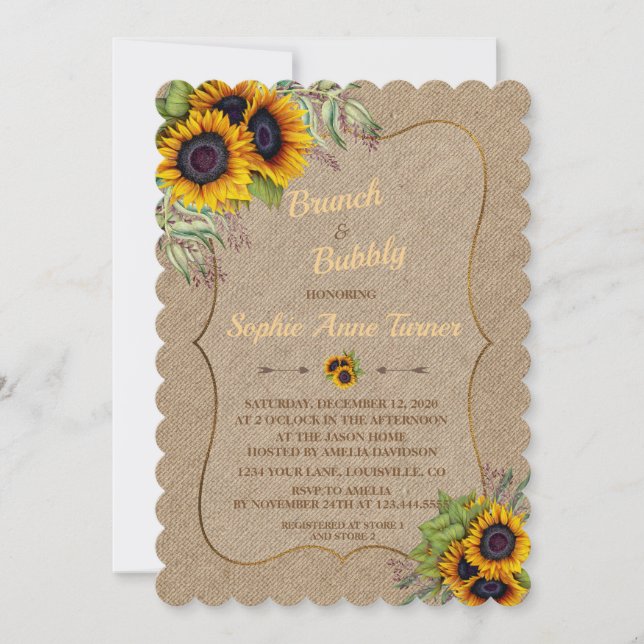Invitation Chic Aquarelle Tournesol Burlap Brunch & Bubbly (Devant)