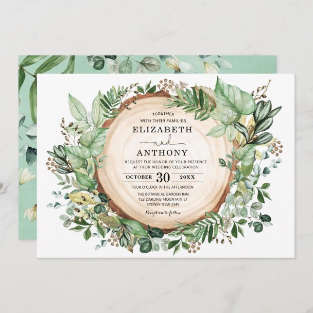 Invitation Chic Aquarelle Verdure Mariage forestier botanique (Devant / Derrière)