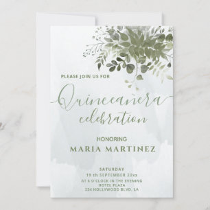 Invitation Chic aquarelle verte eucalyptus Quinceañera
