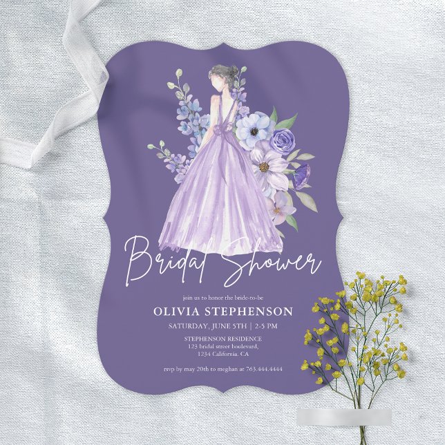 Invitation Chic Aquarelle violet Fête des mariées de script (Chic Watercolor Purple Flower Script Bridal Shower Invitation)