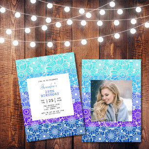 Invitation Chic arc-en-ciel Bleu rayures florales Photo Anniv