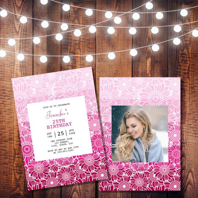 Invitation Chic arc-en-ciel rose rayures florales photo Anniv (Créateur téléchargé)