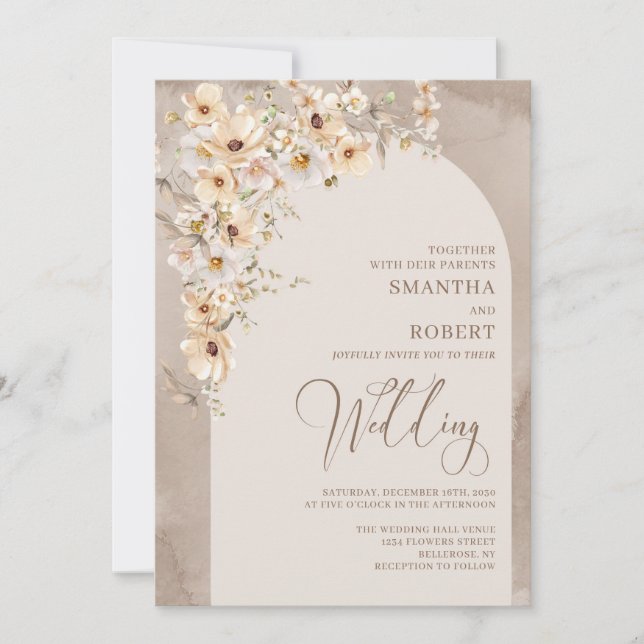 Invitation Chic arc neutre fleur sauvage ivoire brun mariage (Devant)