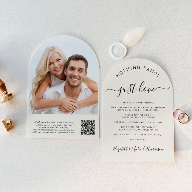 Invitation Chic Arch Photo QR Code Cream Wedding Réception (Celebrate your love story with a chic arch-shaped elopement announcement and reception invitation)