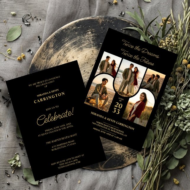 Invitation Chic Arched Collage Double Grads Twins TMF26 (Stylish Double Graduation Invitation with Five Arched Photo Placeholders and Luxury Gold Effect.)