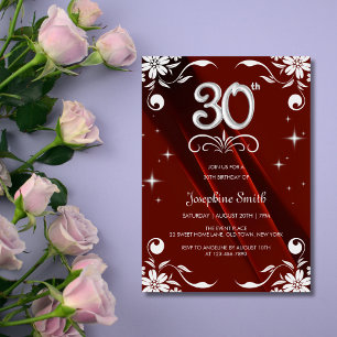 Invitation Chic Argent Cadre Floral Bourgogne 30e anniversair