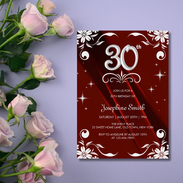 Invitation Chic Argent Cadre Floral Bourgogne 30e anniversair (Créateur téléchargé)