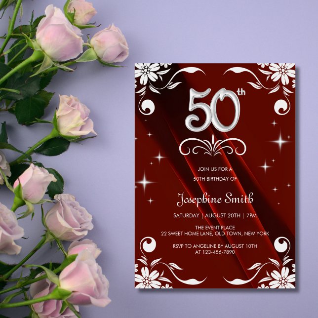 Invitation Chic Argent Cadre Floral Bourgogne 50e anniversair (Créateur téléchargé)
