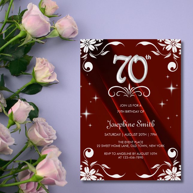Invitation Chic Argent Cadre Floral Bourgogne 70e anniversair (Créateur téléchargé)