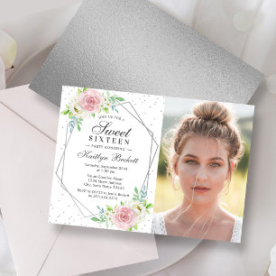 Invitation Chic Argent Feuille Florale Photo Douce 16 Anniver