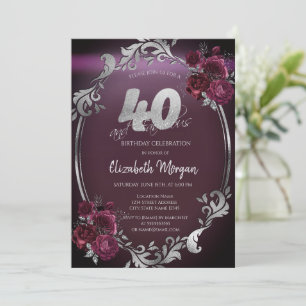 Invitation Chic Argent Frame Bourgogne Roses 40e anniversaire