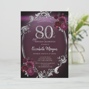 Invitation Chic Argent Frame Bourgogne Roses 80e anniversaire