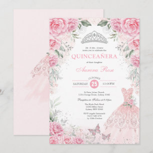 Invitation Chic Argent rose Floral Quinceañera Princesse robe