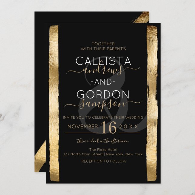 Invitation Chic Artsy Black Gold Brushstroke Frame Mariage (Devant / Derrière)